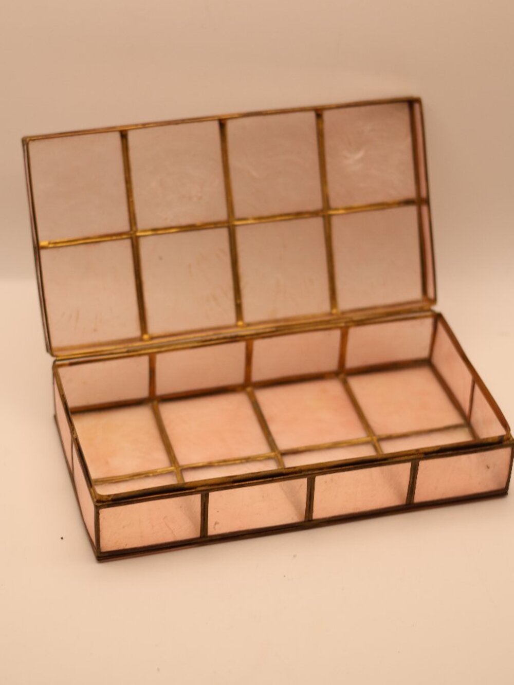 Vintage Pink Capiz Shell & Brass Framed Jewelry Box / Trinket Case
